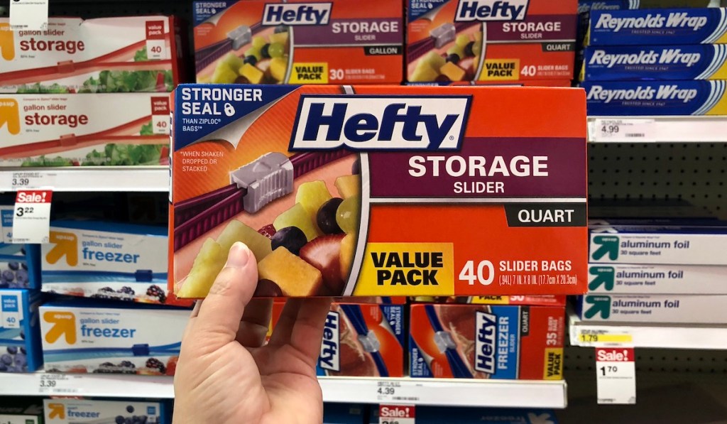 hand holding hefty quart storage 40 count silder bags at target