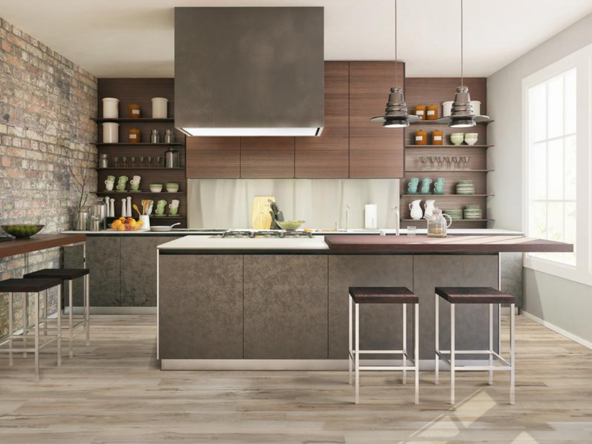 wood flooring in kitchen with stools 