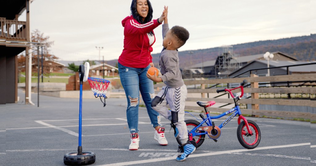 hyper basketball bike with mom and son playing