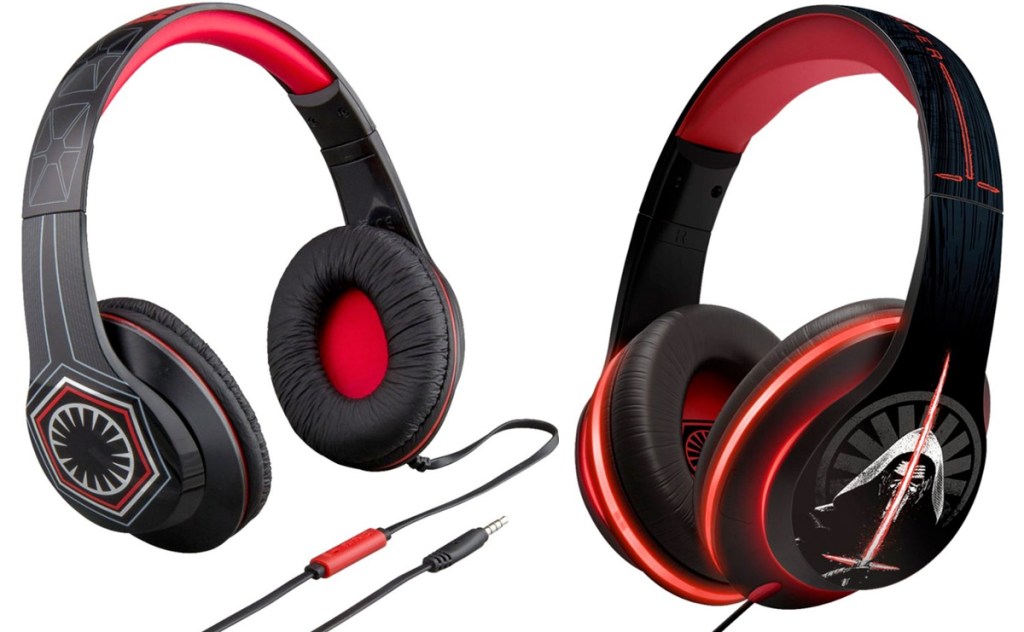 two pairs of red and black over the ear headphones with star wars prints