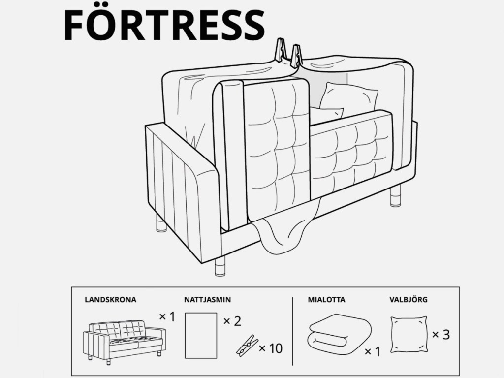 drawings showing someone how to make a fort out of a couch