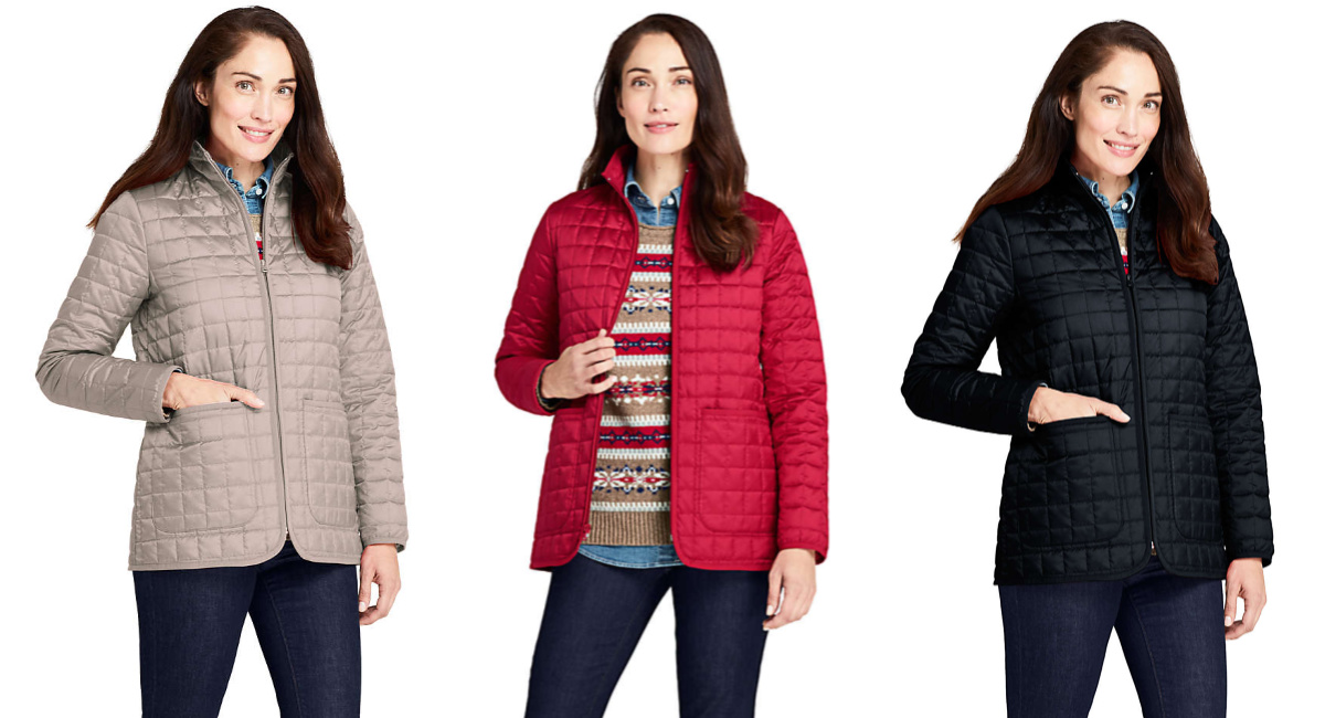 lands end quilted puffer three colors black tan and red