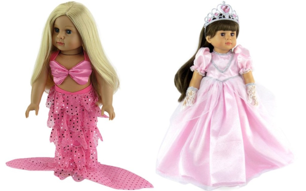 mermaid doll outfit and princess gown on two dolls 