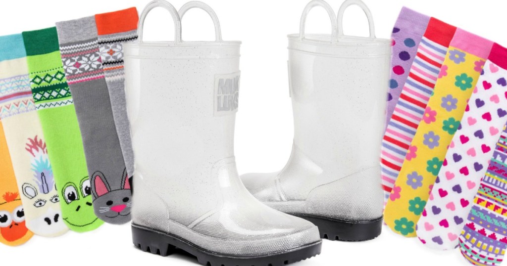 muk luks Clear Molly Rainboots with animal socks patterened socks