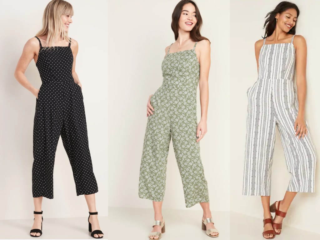 women wearing black and polka dot jumpsuit, green flowery jumpsuit and gray and white striped jumpsuit