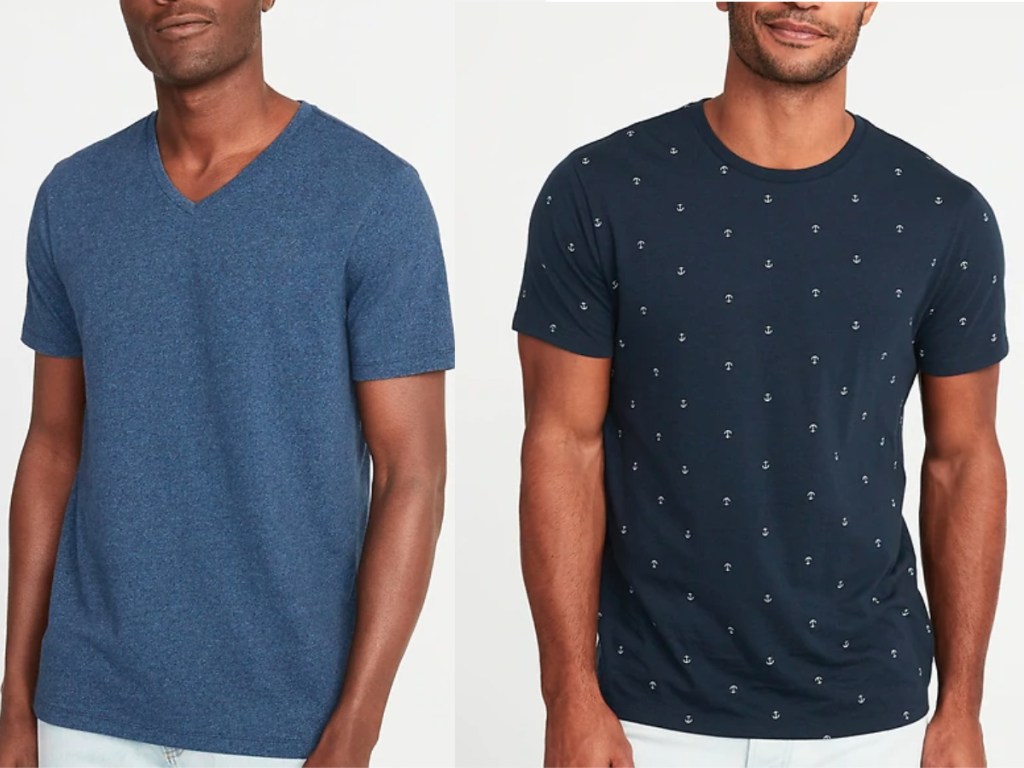 men wearing blue heather tee and anchor blue shirt