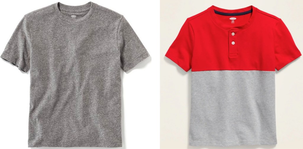 gray tee and red and gray polo