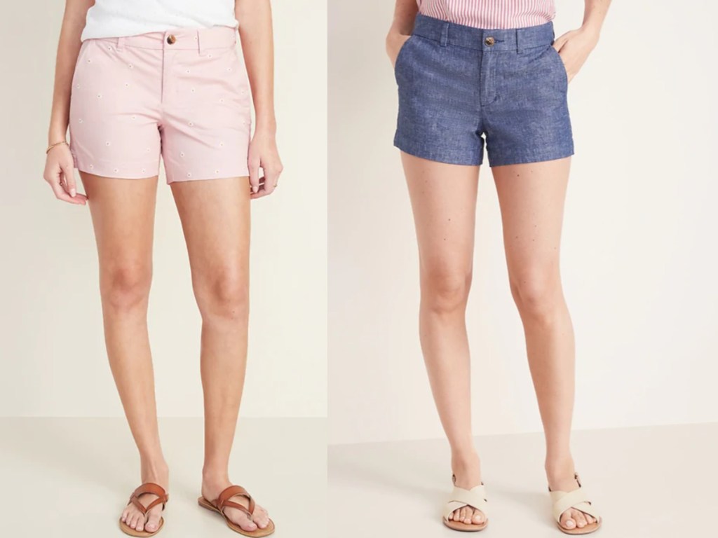 women wearing pink shorts with white flowers and blue jean shorts
