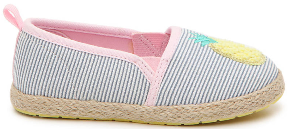 blue and pink and white striped slip ons with pineapple graphic on front