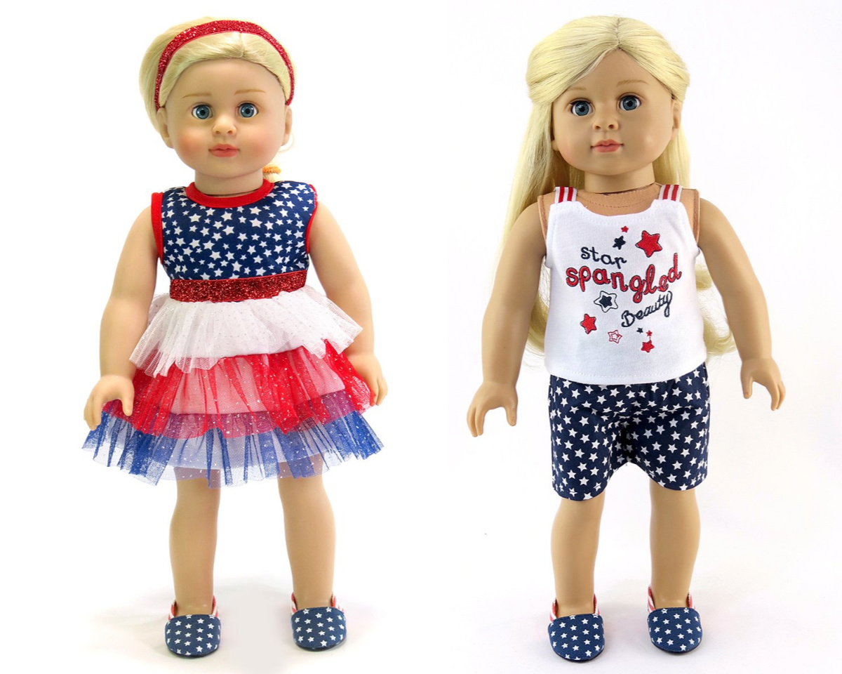 patriotic doll outfits on two dolls with blonde hair