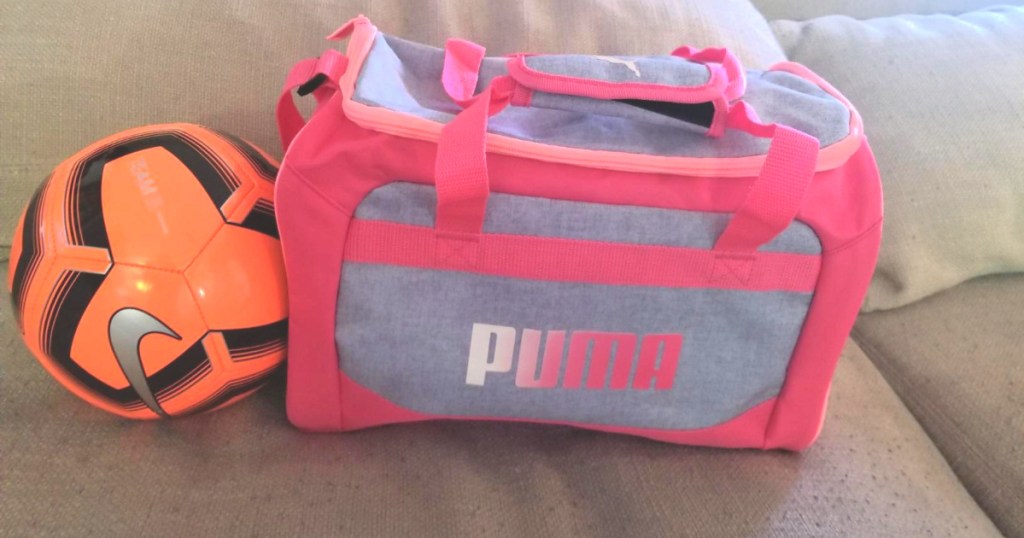 puma duffel bag with soccer ball in front