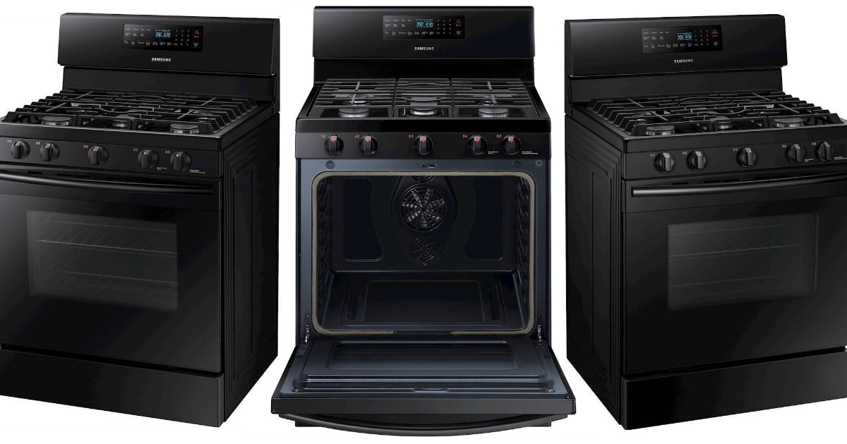 three views of a black gas oven