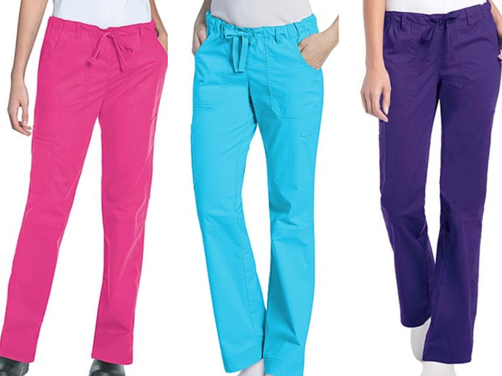 3 women wearing multicolored scrub pants