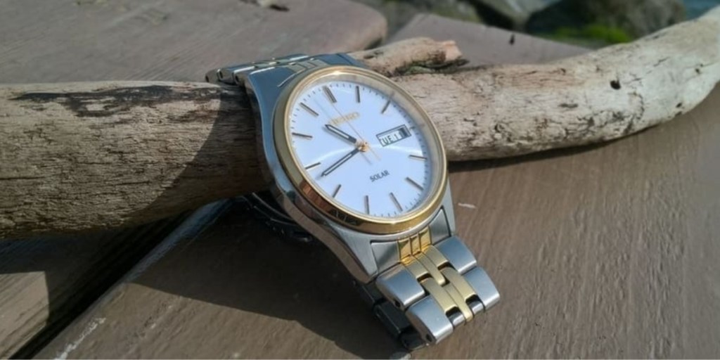 seiko stainless steel with gold watch outside on a log