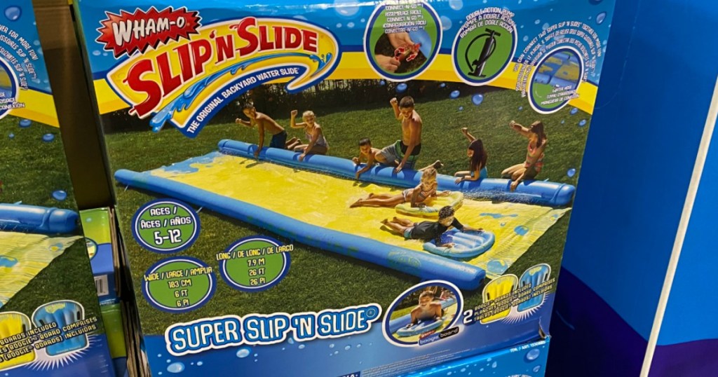 store shelf with box containing kids water slide
