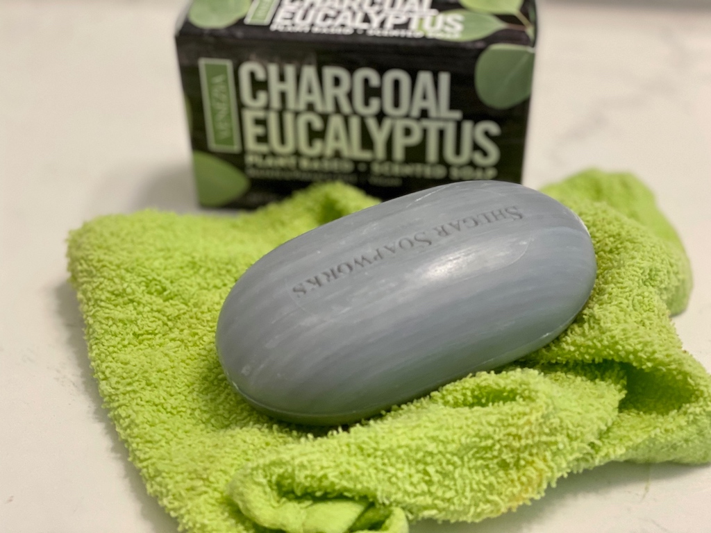 bar of charcoal eucalyptus soap on counter 