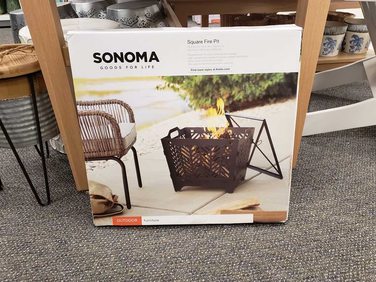 box of square fire pit on display in store