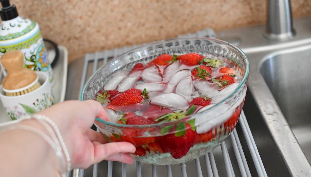 hand holding a clear bowl filled with ice strawberries and water