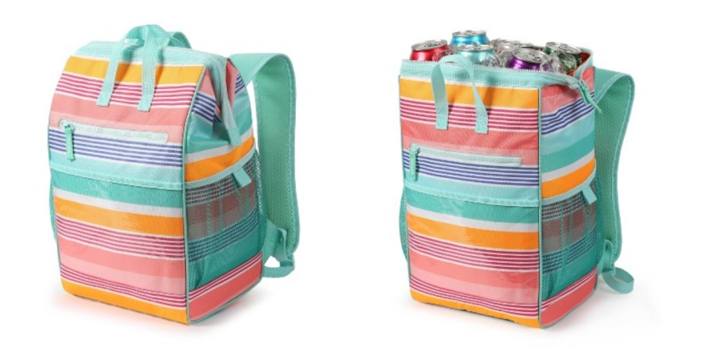 sun squad wide mouth backpack cooler pink and teal stripes
