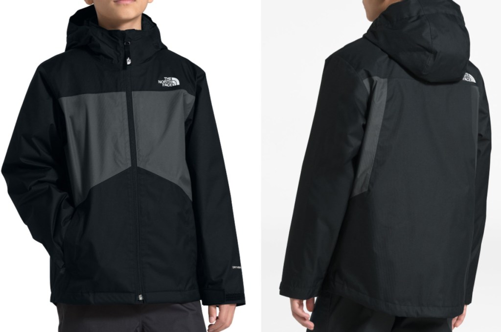 black and gray jacket with white the north face lettering