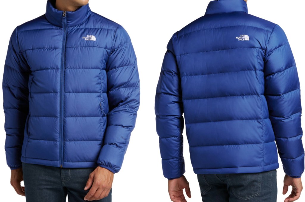 the north face blue jacket front and back views