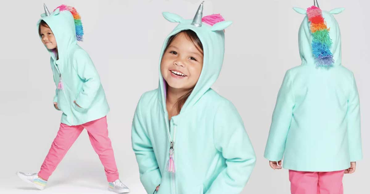 little girl wearing adorable unicorn jacket