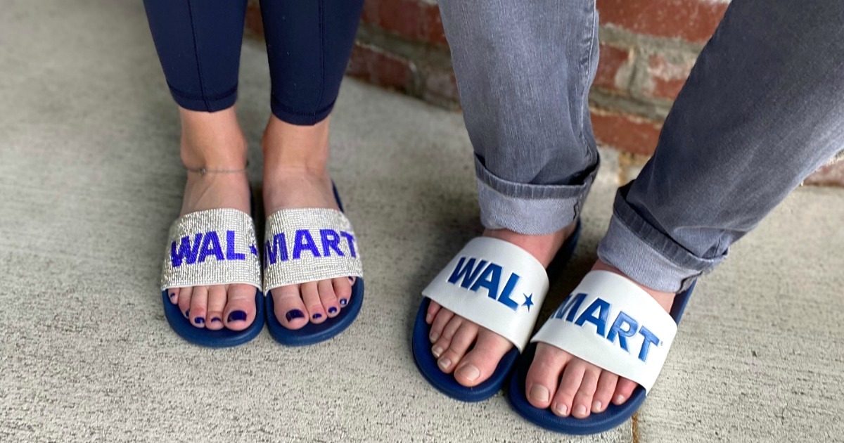 man and woman wearing Walmart logo fashion slides 