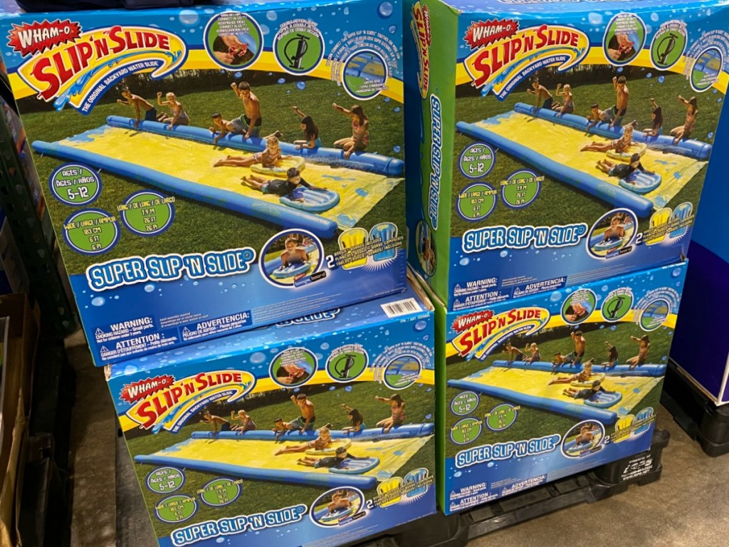 store display with boxes containing water slides