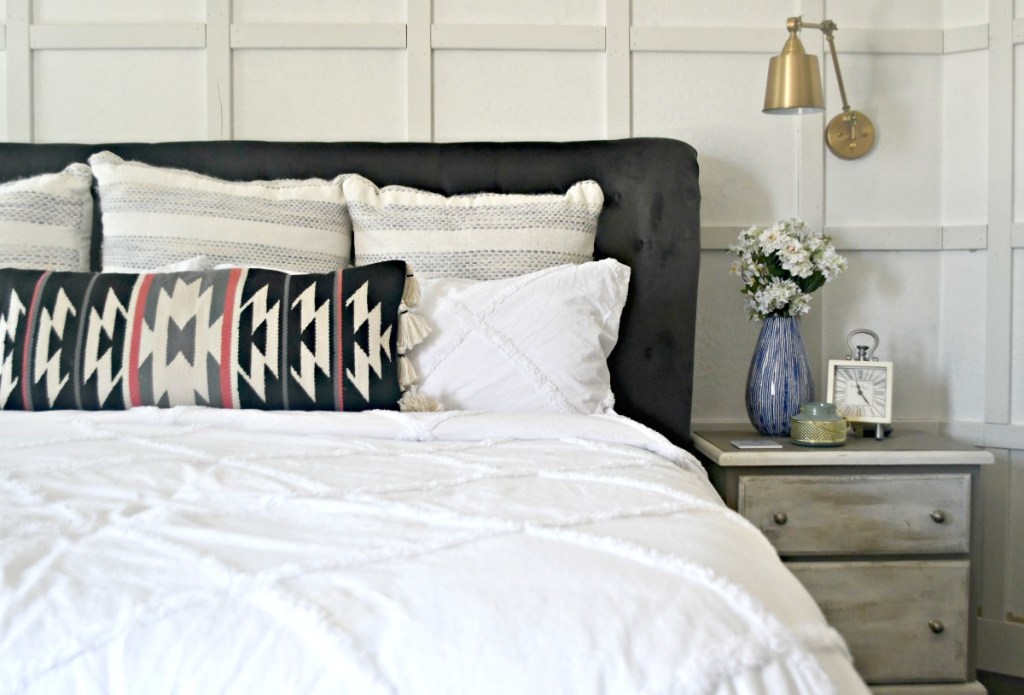 white bedding from Lina's makeover