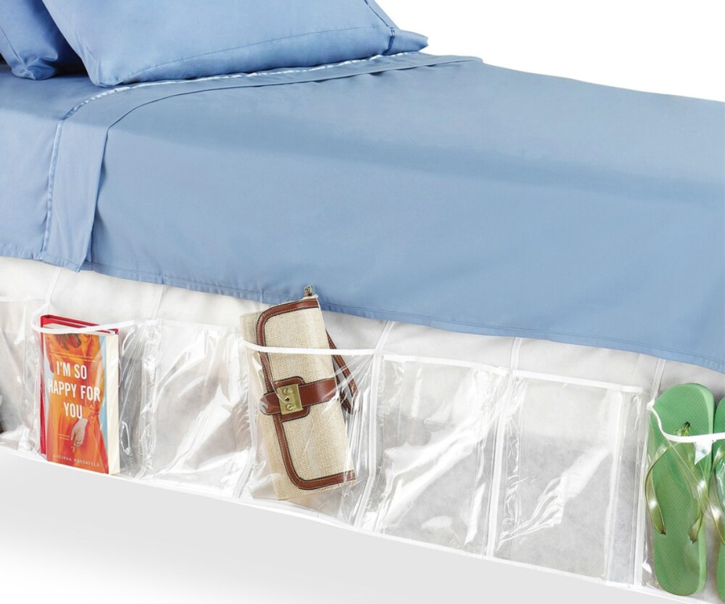 whitmor organizing bedskirt on bed with blue sheets