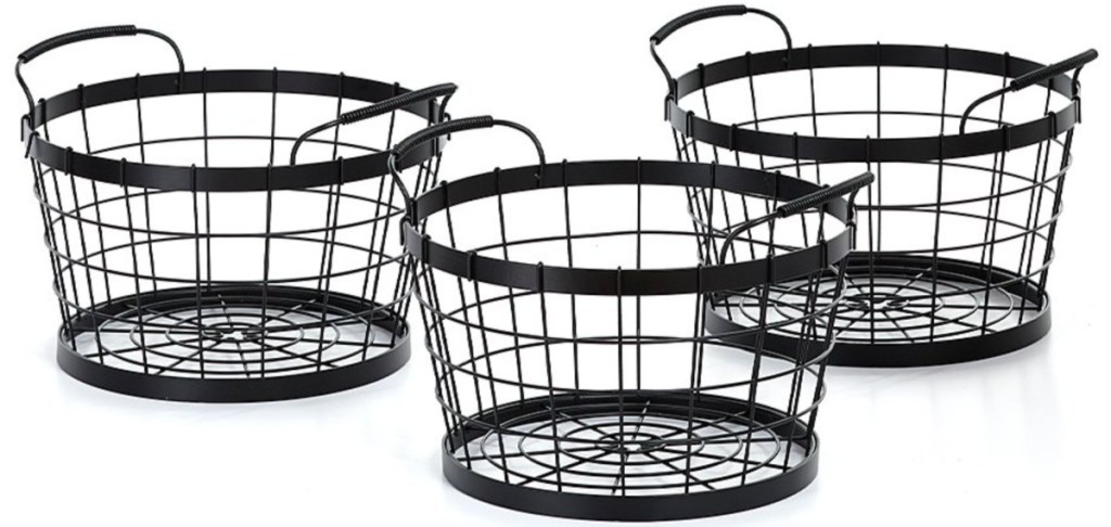 3 black farm market style baskets sitting next to each other