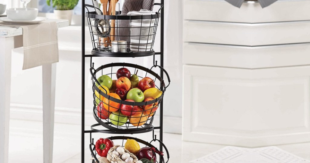 3-tier black farm market basket with veggies, fruit and kitchen utensils