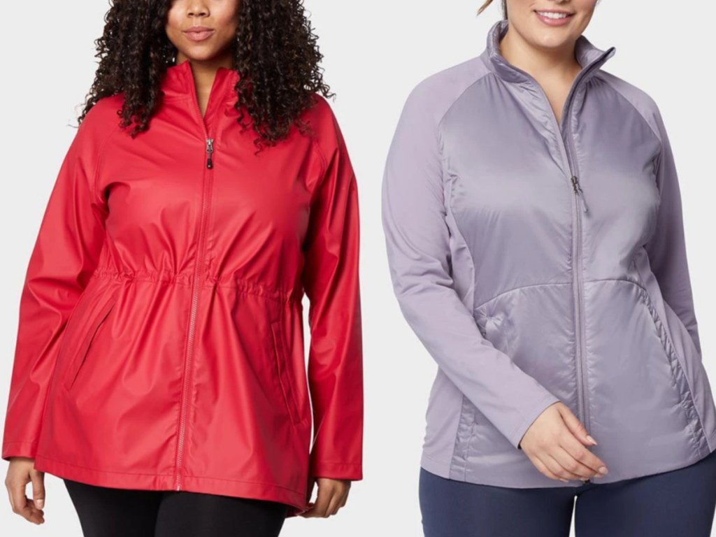 2 women standing next to each other wearing lightweight jackets