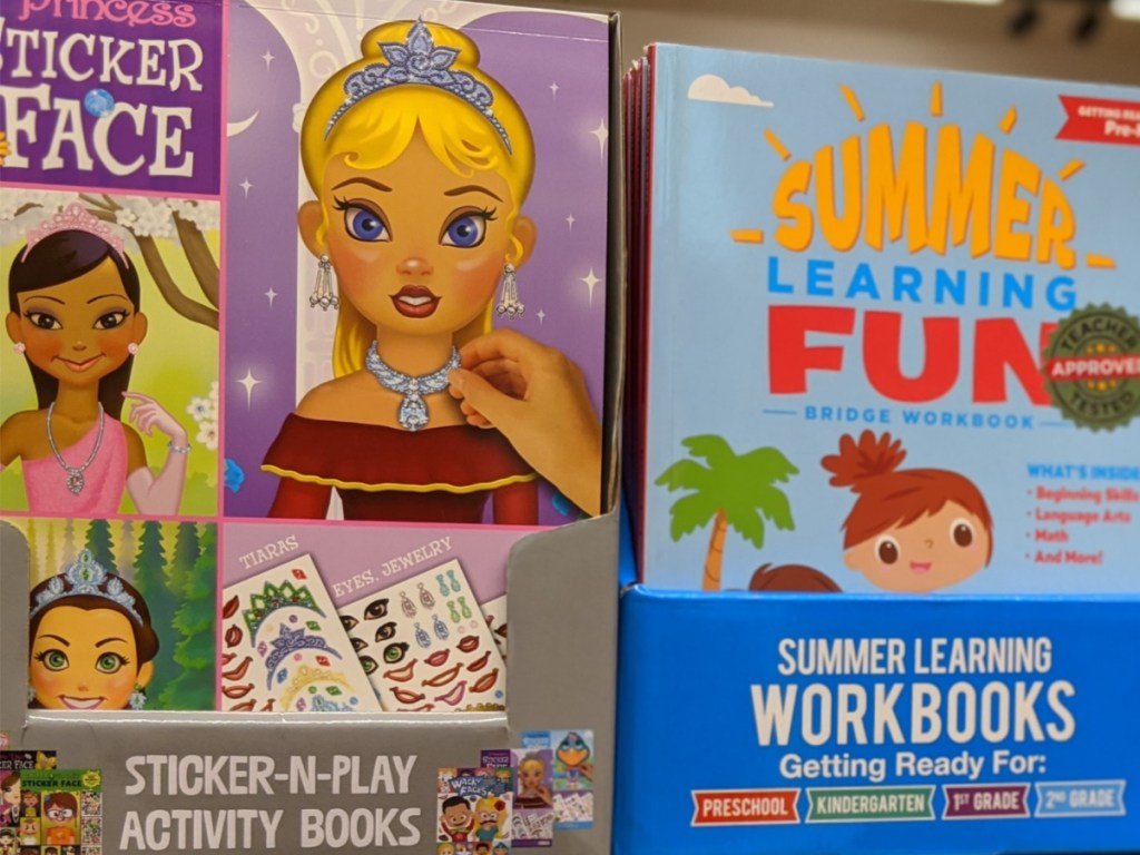 large sticker and workbooks sitting on store shelf at ALDI