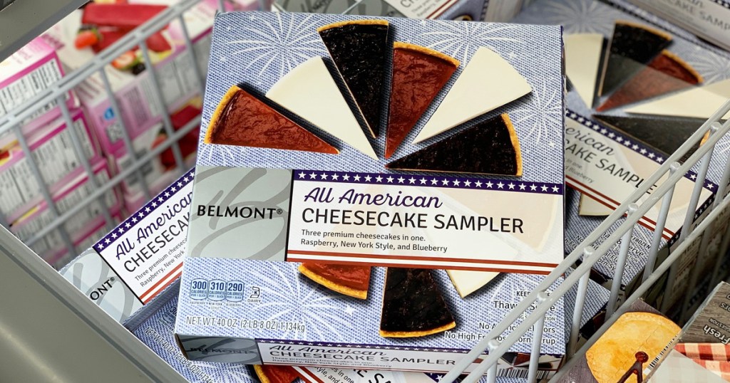 frozen cheesecake sampler box with red white and blue slices