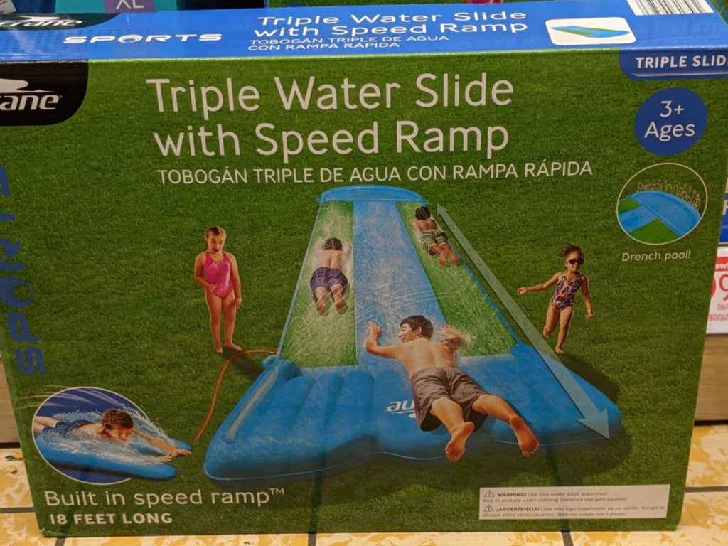 giant waterslide in the box on the floor at aldi 