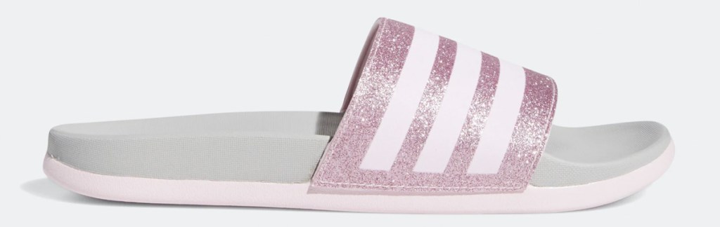 light pink girls adidas slide sandal with pink glitter with three light pink stripes on top strap