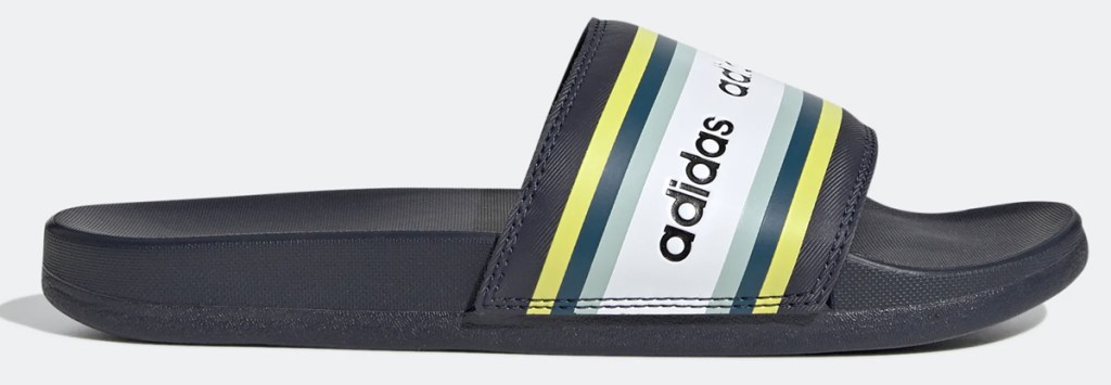 black adidas slide sandal with yellow white and green stripes and adidas printed on top strap