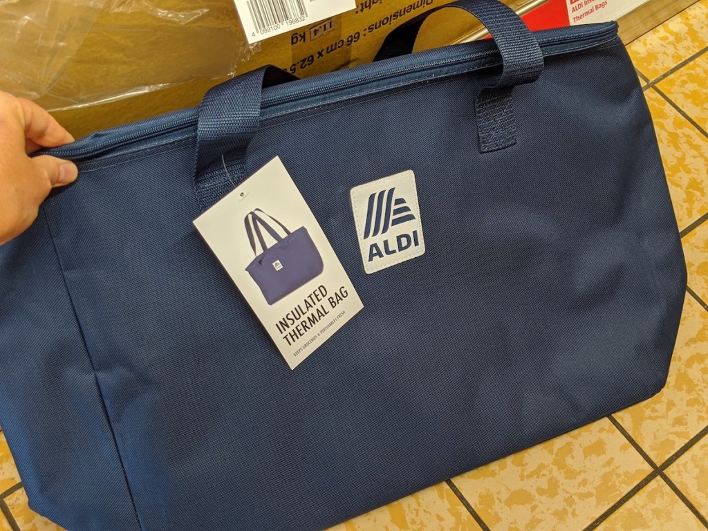 woman hand holding blue Aldi Insulated Thermal Bag in store