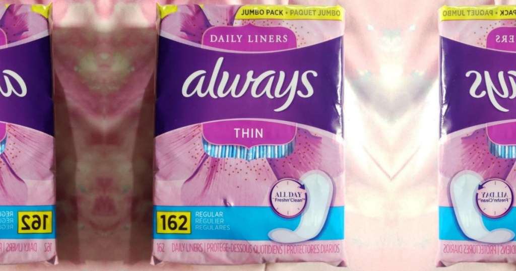 Package of Always Thin Liners on pink background