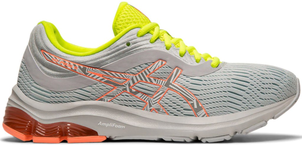 asics grey, orange and neon colored running shoes