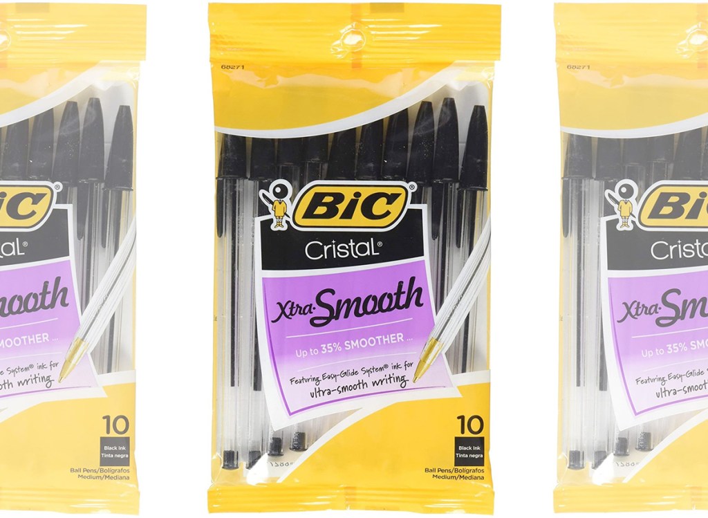 yellow packages of bic ballpoint pens with black ink and caps