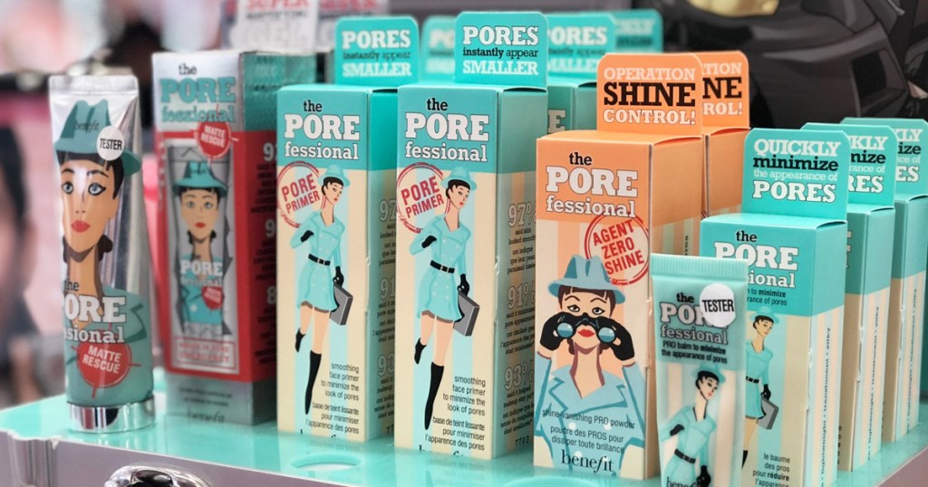 various types of Benefit Cosmetics Porefessional makeup primers on store display