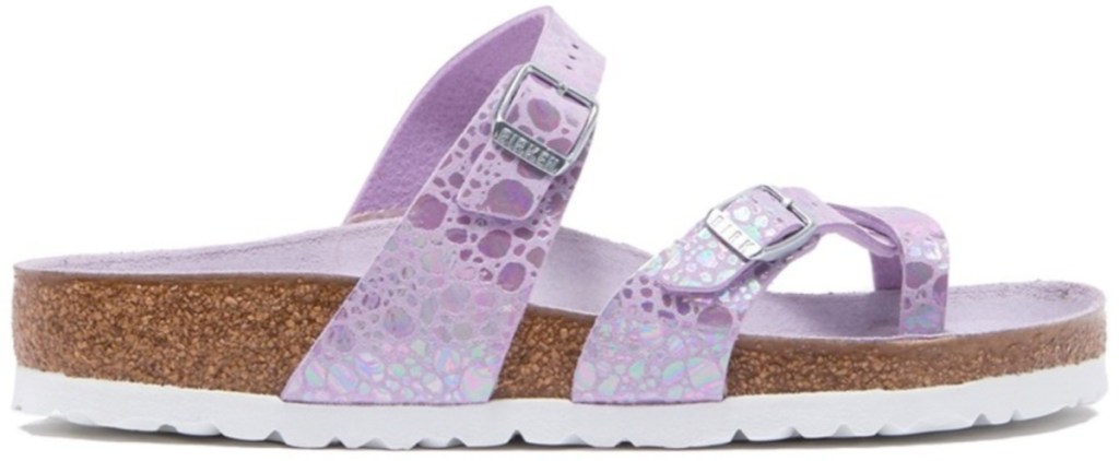 side view of purple birkenstock sandals