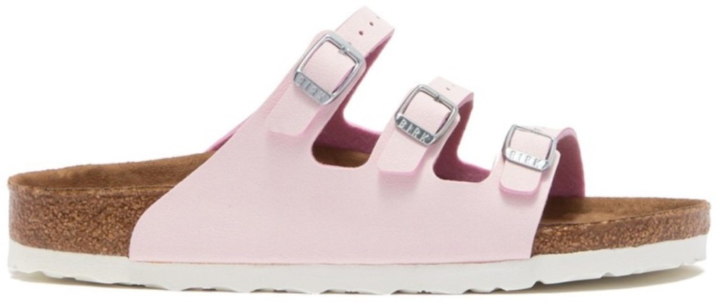 3-strap light pink birkenstock sandals with white bottoms