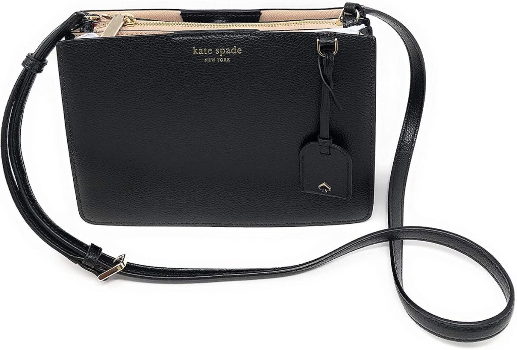 black with tan and gold accent colored kate spade eva crossbody purse