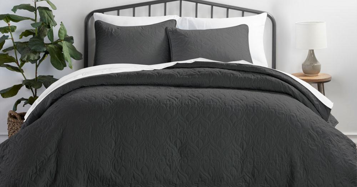  quilted coverlet set print gray on bed