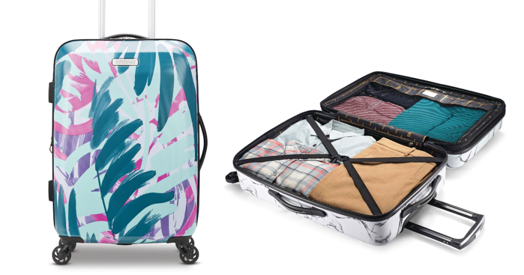 american tourister moonlight 21" luggage palm tree print and opened