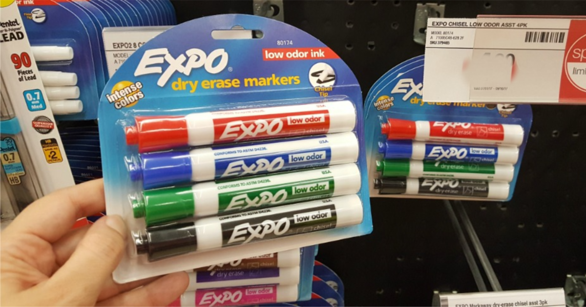 expo dry erase markers 4-pack in hand at store