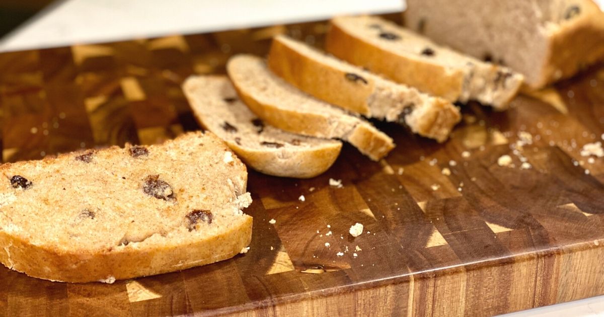Sliced homemade bread on a cutting board